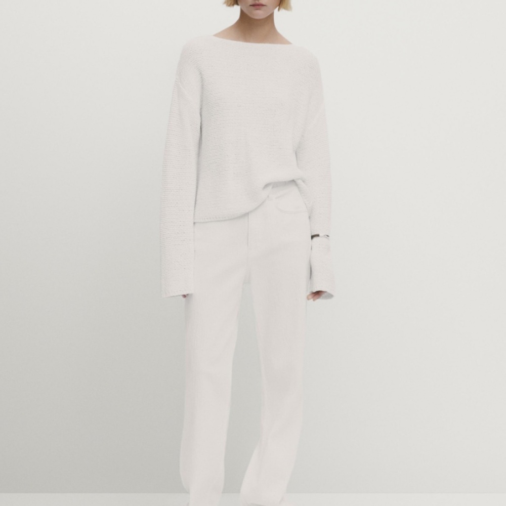 NWT MASSIMO DUTTI COTTON KNIT BOAT NECK SWEATER (WHITE, XS)